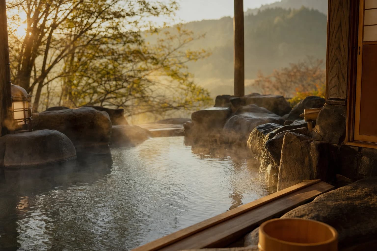 A quiet open-air bath with rising steam