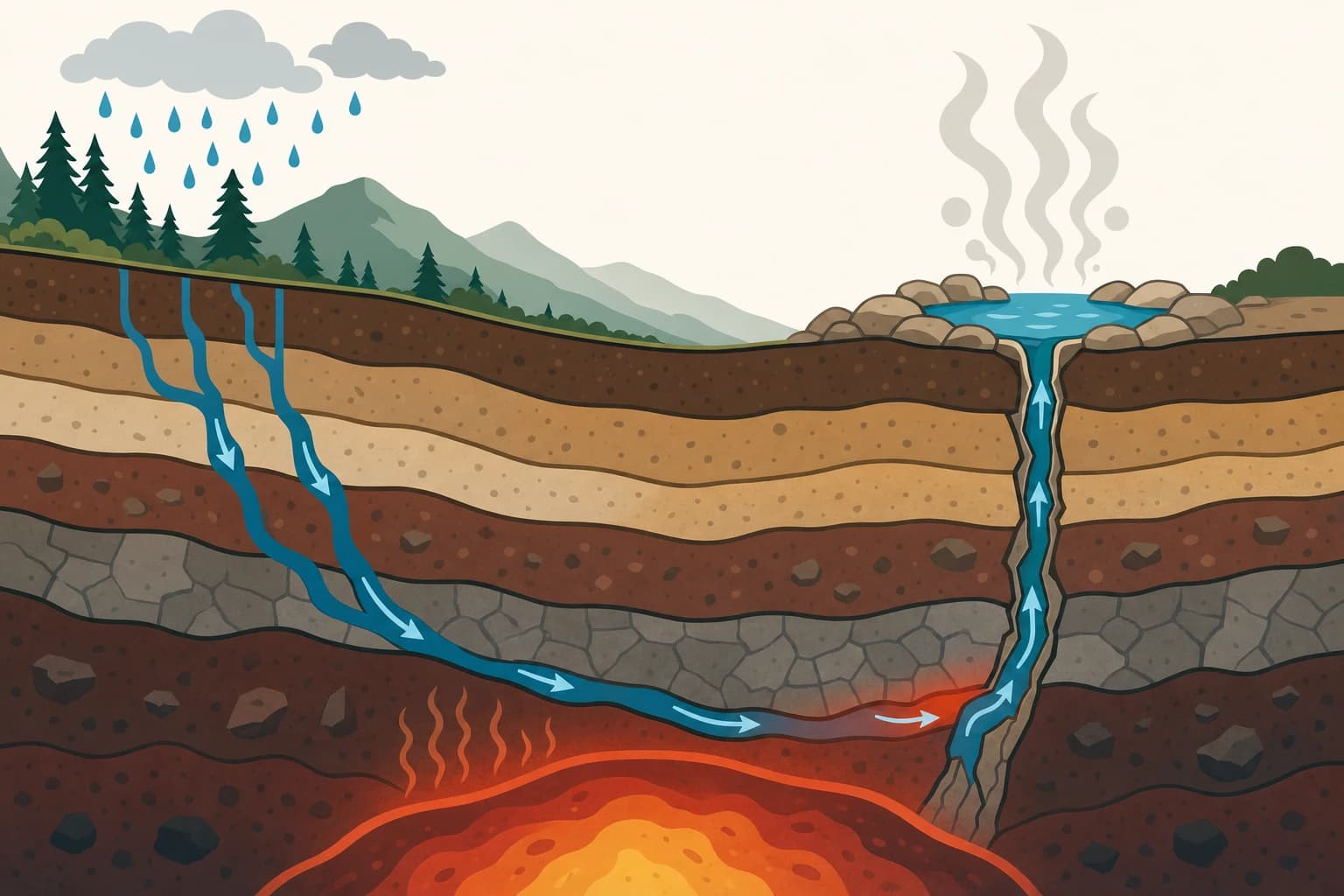 Cross-section illustration of how a hot spring emerges
