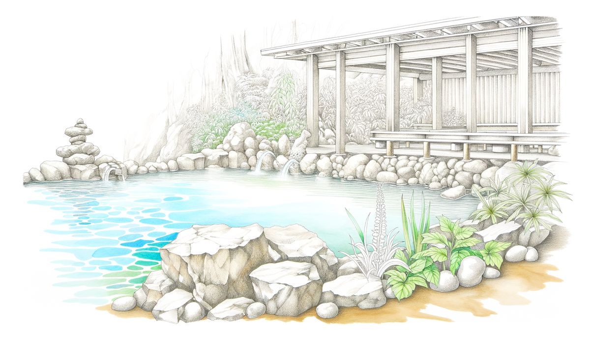 温泉の泉質について説明するイラスト。化学成分と効能の違いを示す。