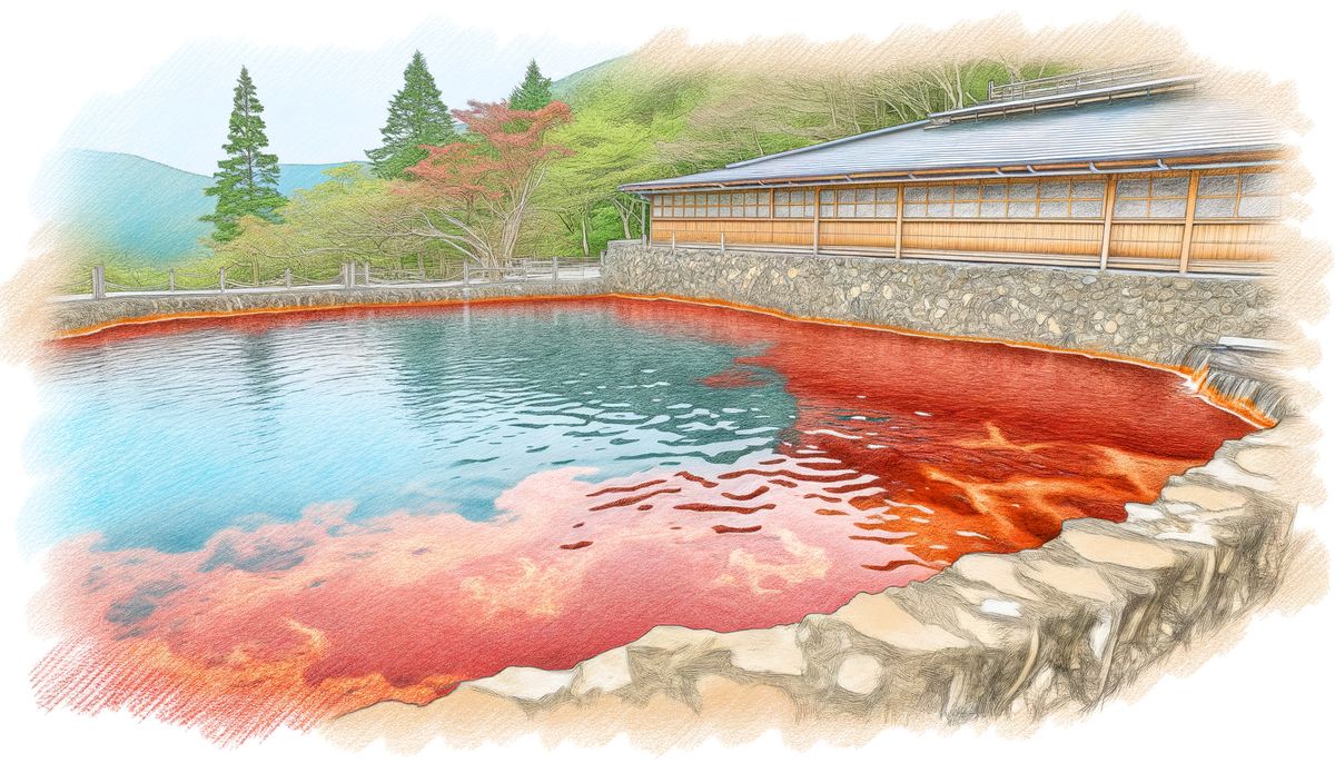 茶褐色の含よう素泉、特有の匂いがあり、希少な泉質として知られる。