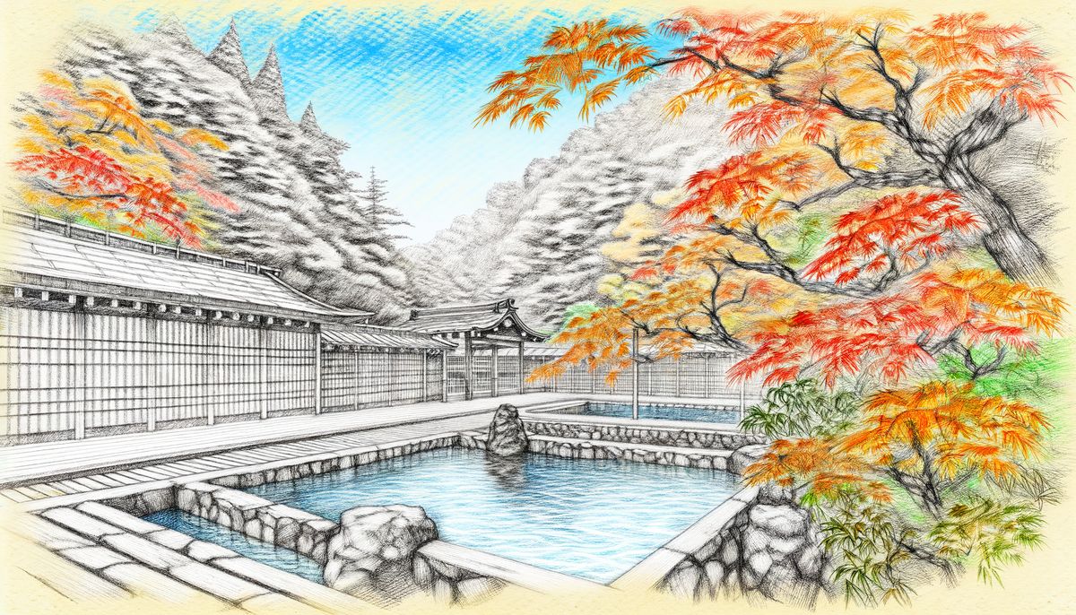 เพลิดเพลินกับทิวทัศน์ที่สวยงามของฤดูใบไม้ร่วงในออนเซ็นกลางแจ้งที่ล้อมรอบด้วยใบไม้เปลี่ยนสี