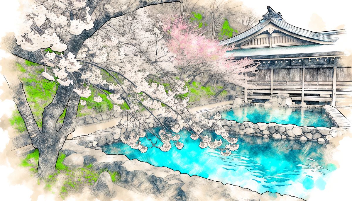 ทิวทัศน์ฤดูใบไม้ผลิที่สวยงามของออนเซ็นกลางแจ้งที่มีดอกซากุระบานเต็มที่เป็นฉากหลัง และกลีบดอกซากุระลอยอยู่บนผิวน้ำ